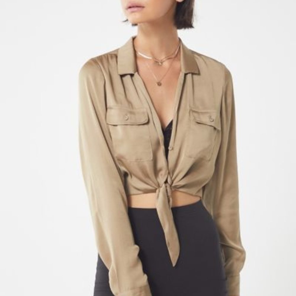 UO Logan Satin Tie-Front Button Down Top